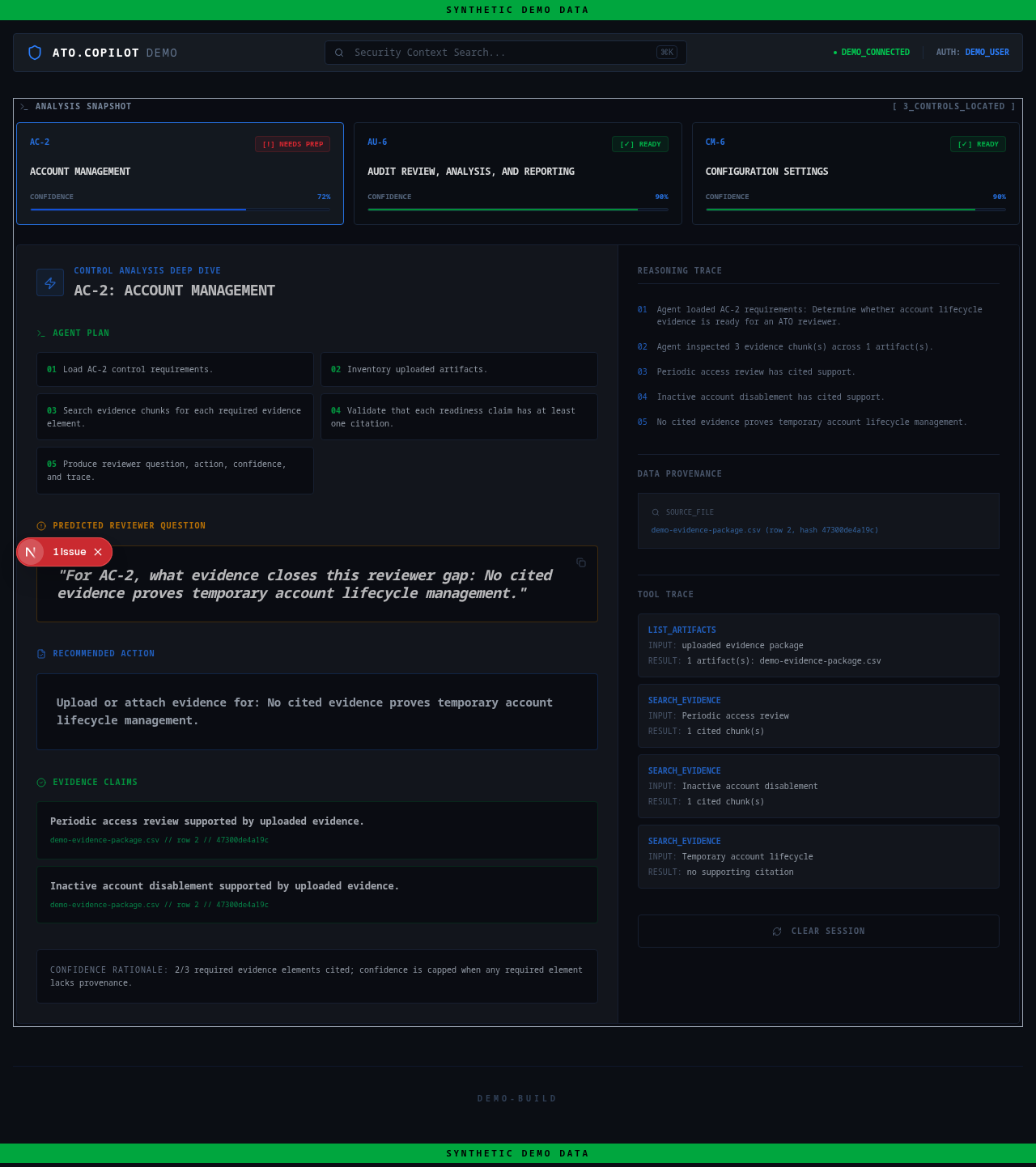 ATO Copilot demo showing source-backed control analysis over synthetic evidence